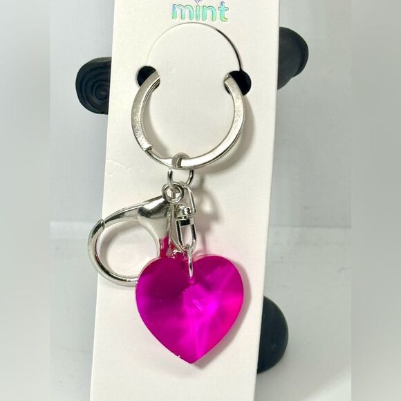 Pink Crystal Heart Keychain Charm -  Silver Accent - Picture 1 of 3